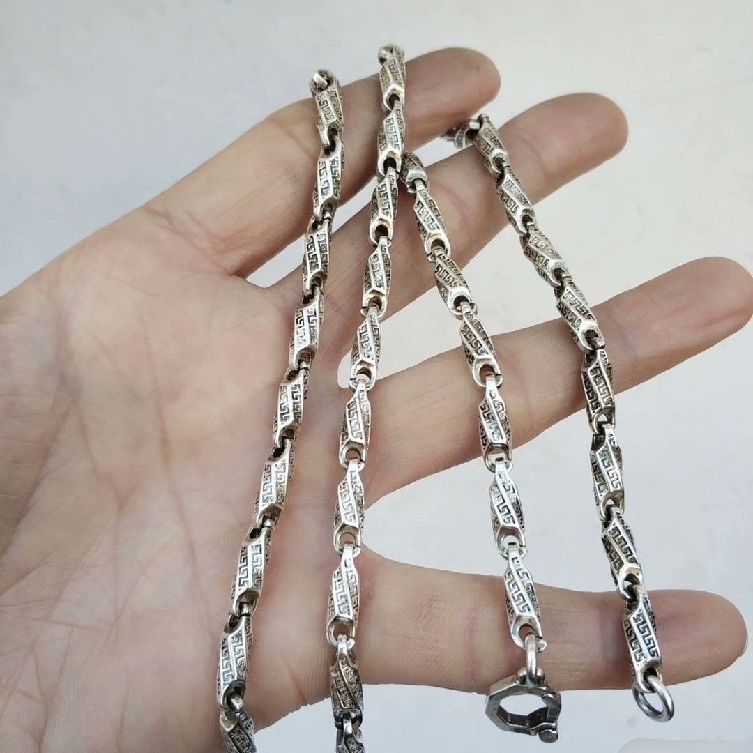 Antique Tone Bamboo Link Necklace Vintage Totem Engraved Solid Tube Chain