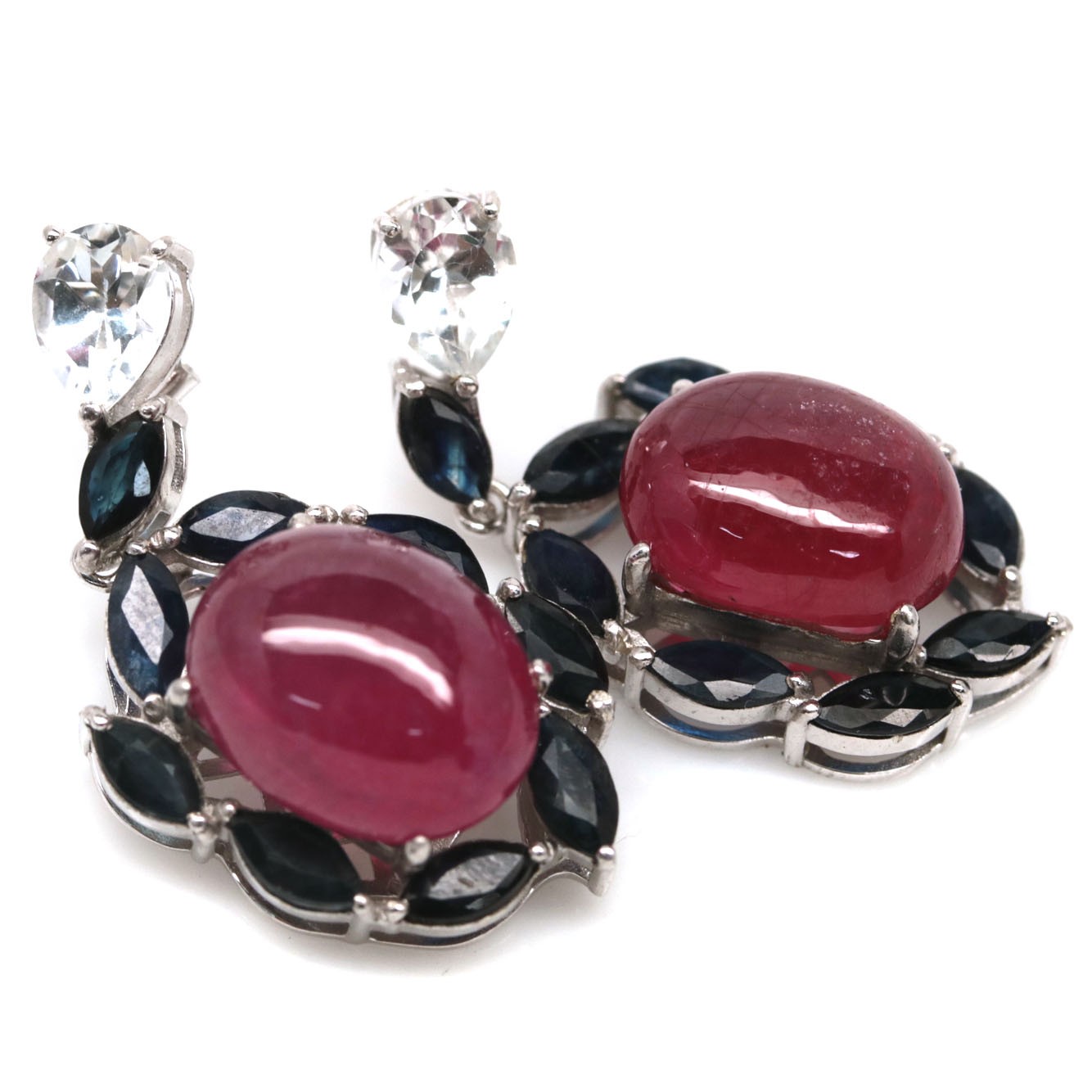 Thai Handmade 12 x 15 mm. Pink Ruby, Topaz & Sapphire Earrings