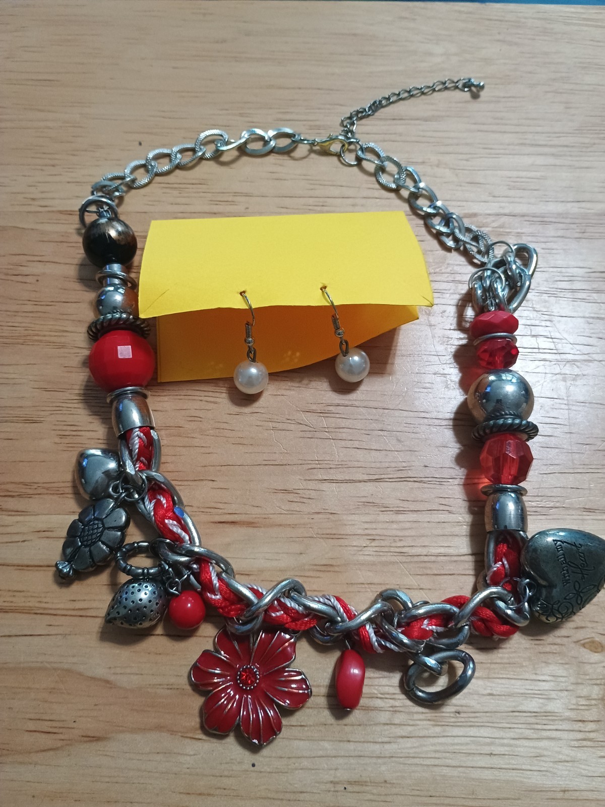 Heart Red Flower Cord Silver Chain Bead etc Small Choker Necklace