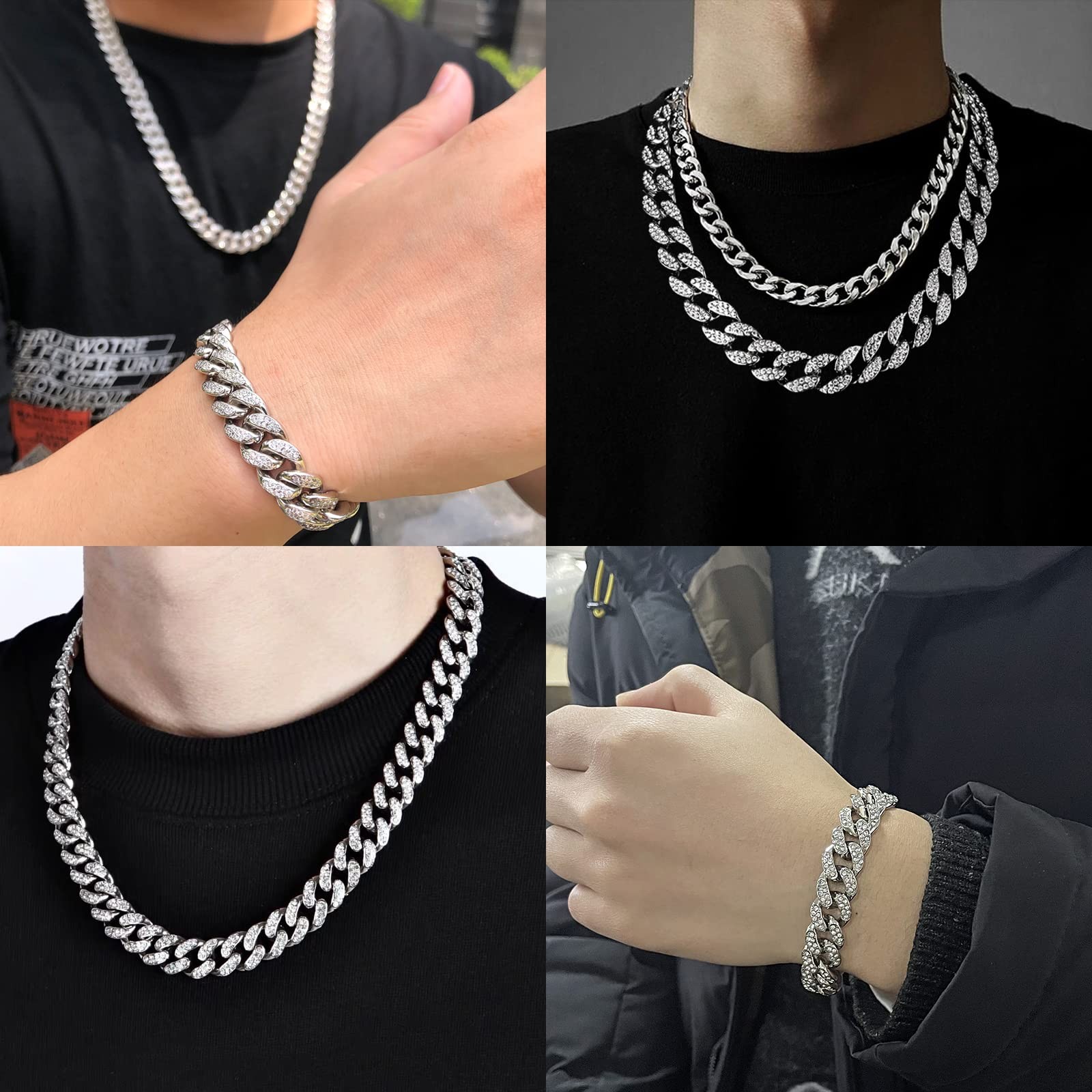 Men’s Cuban Link Chain & Bracelet Set, Silver Iced Out Diamond Hip Hop Jewelry