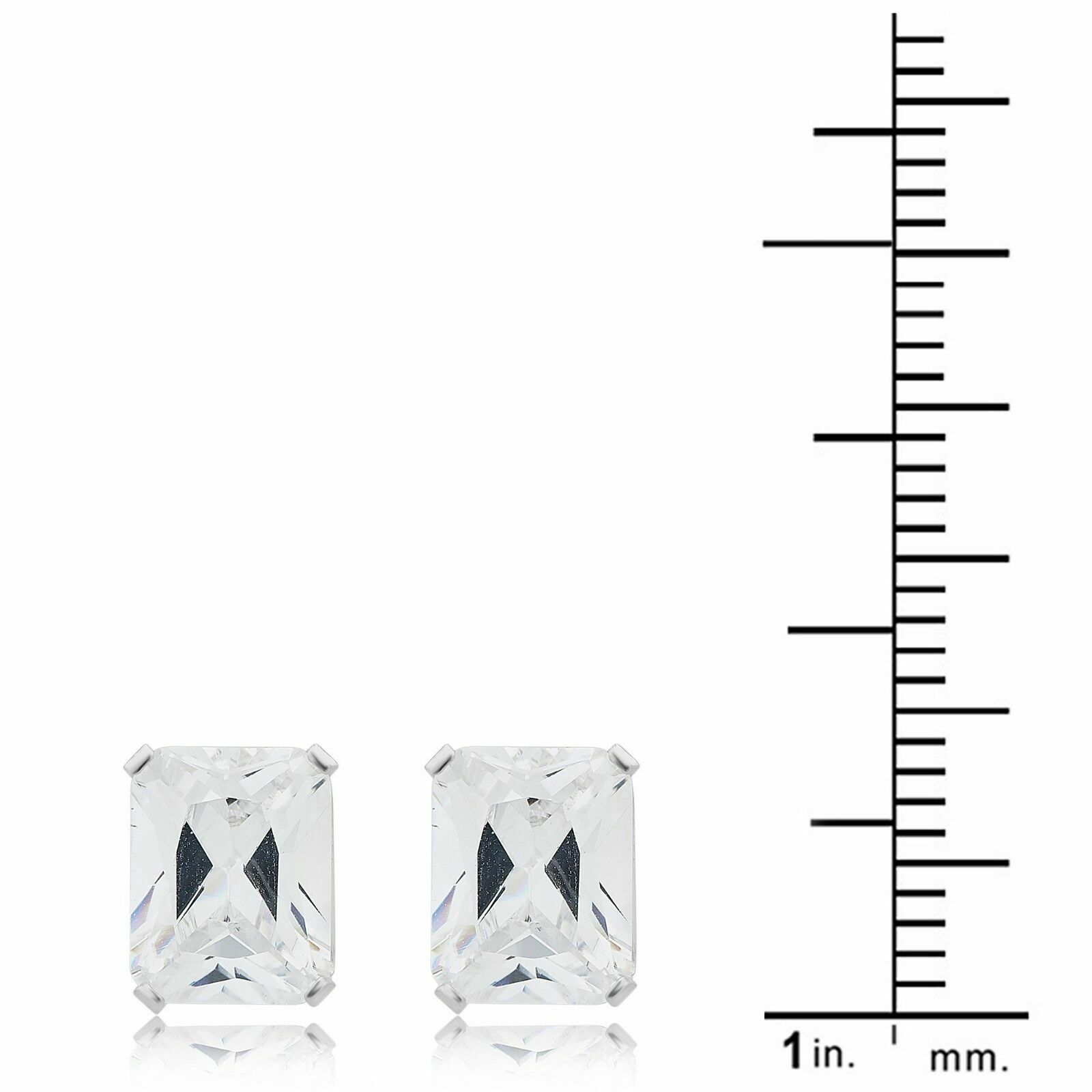 Sterling Silver Emerald Shaped Stud Earrings Cubic Zirconia 6mm Clear CZ