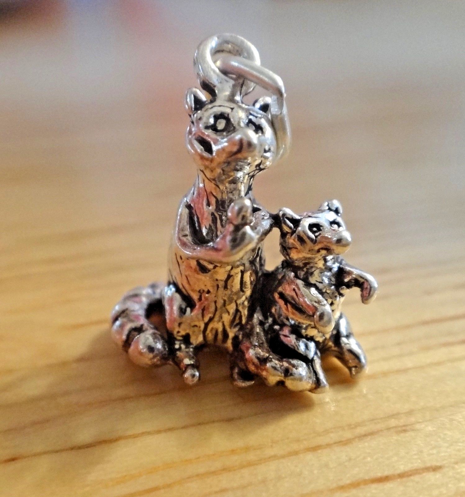 Sterling Silver 3D 16x14mm Detailed Double Raccoon & Baby Zoo Racoon Charm