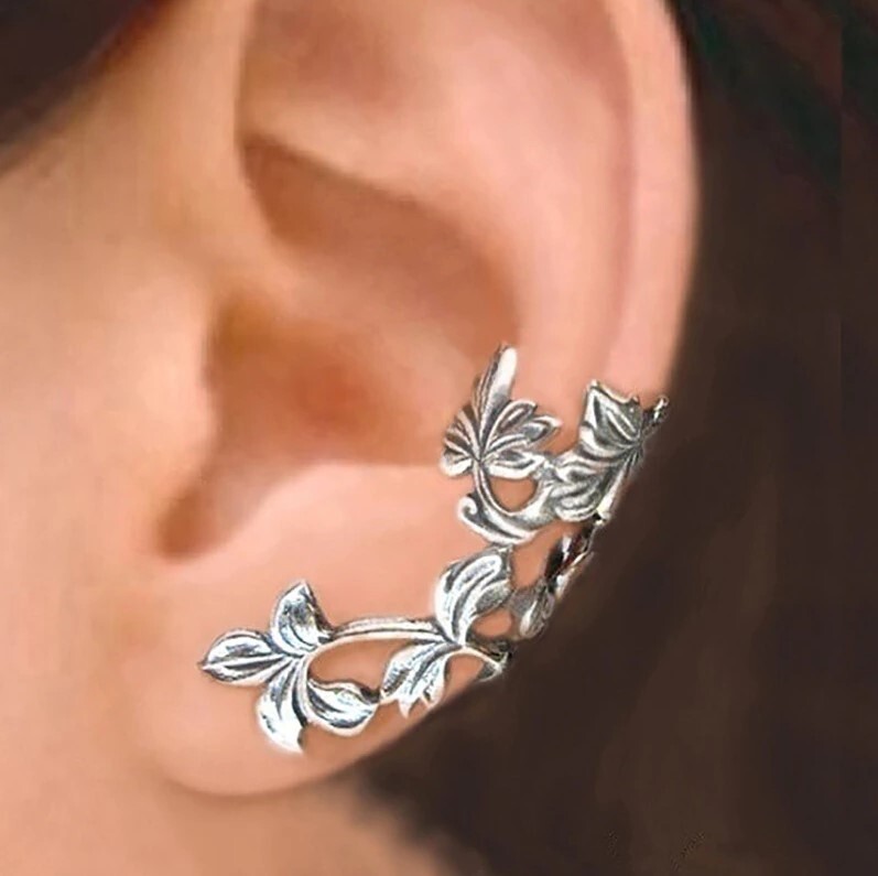 Floral Hollowed our Flower & Leaf Ear Cuff – Silver – No Piercing, Clip On