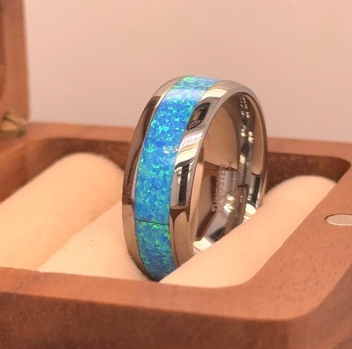 Domed Silver Tungsten Wedding Ring – Blue Green Opal Inlay Custom Engraved Band
