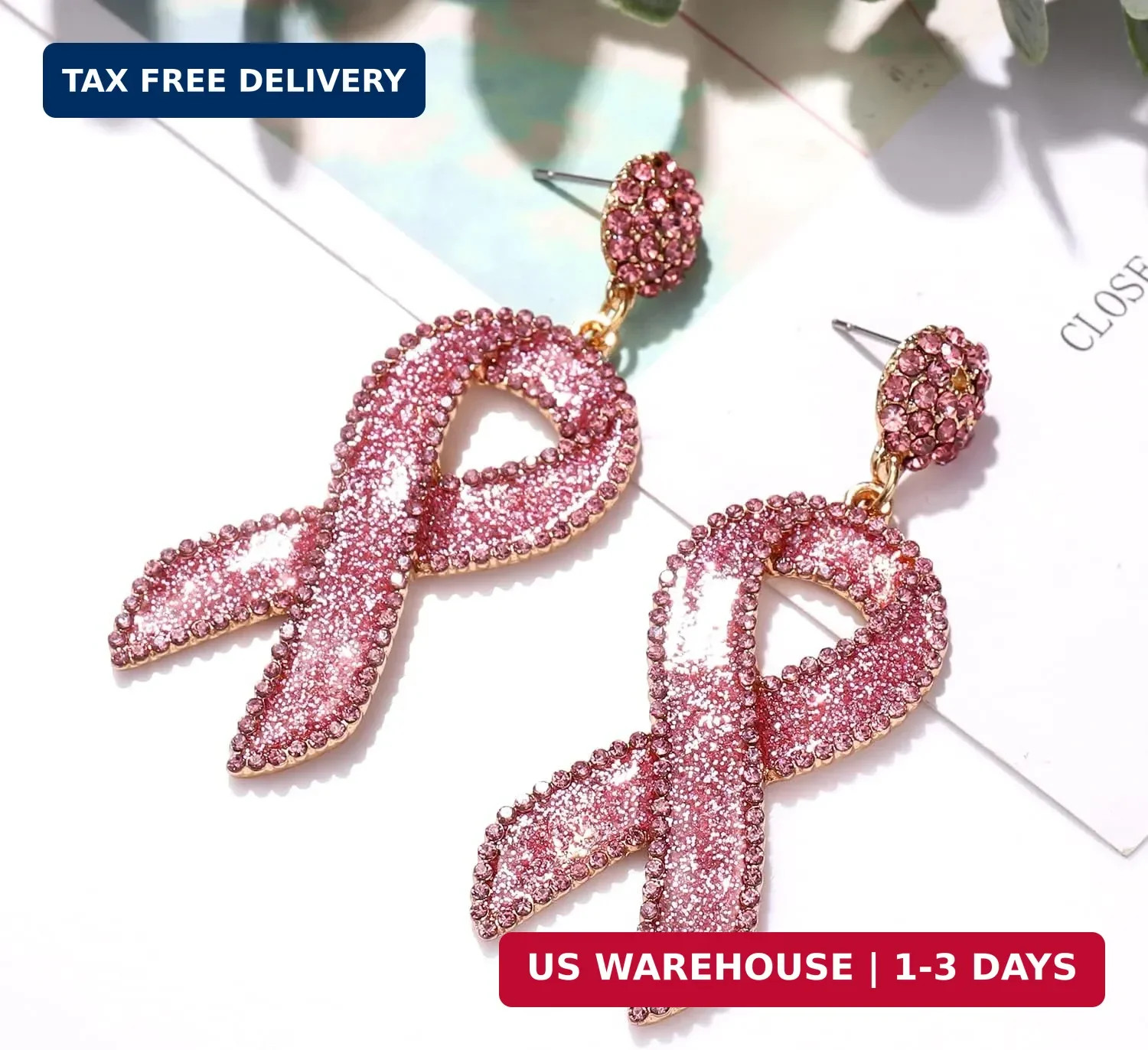Glitter Rhinestone Pink Ribbon Drop Earrings Beaded Breast Cancer Awareness Earr