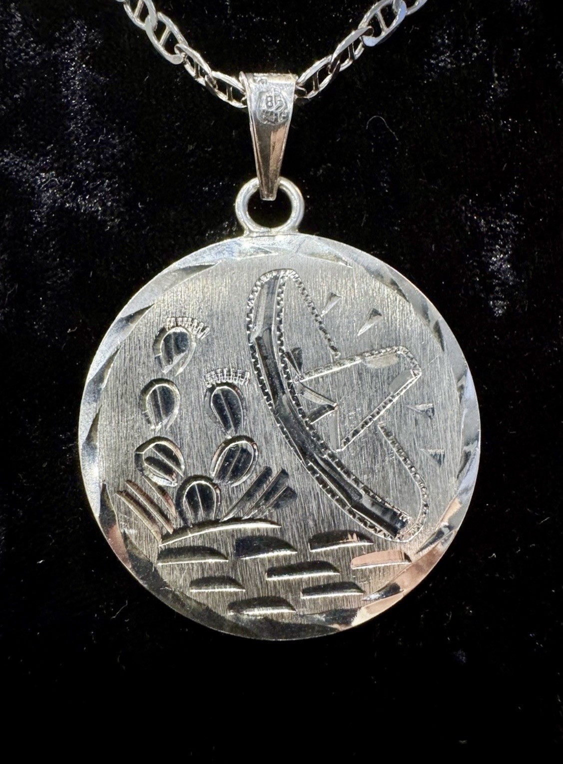 Vintage Sterling Silver 925 Aztec Calendar Cactus Pendant Necklace 22.5in, 29.5g