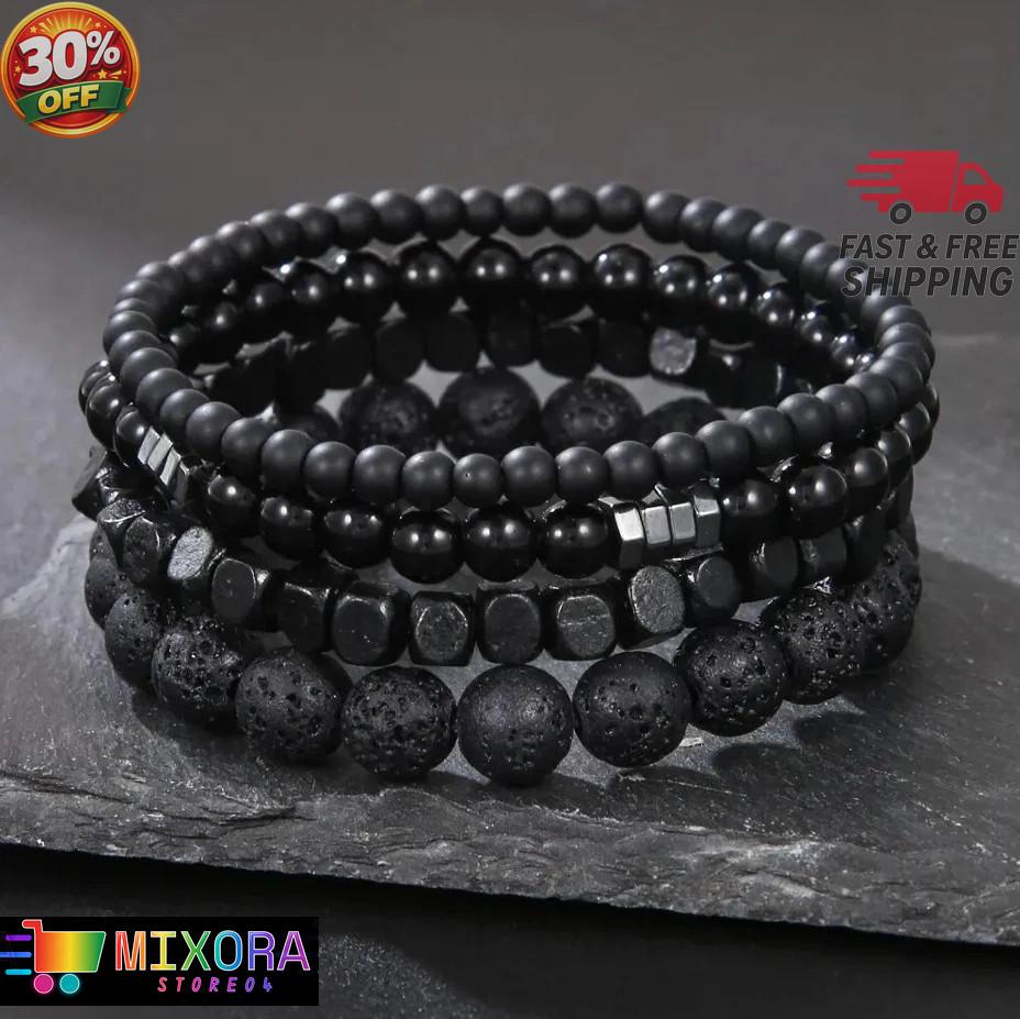 4pcs Black Stone & Wood Bead Elastic Bracelet Set for Men Women NEW