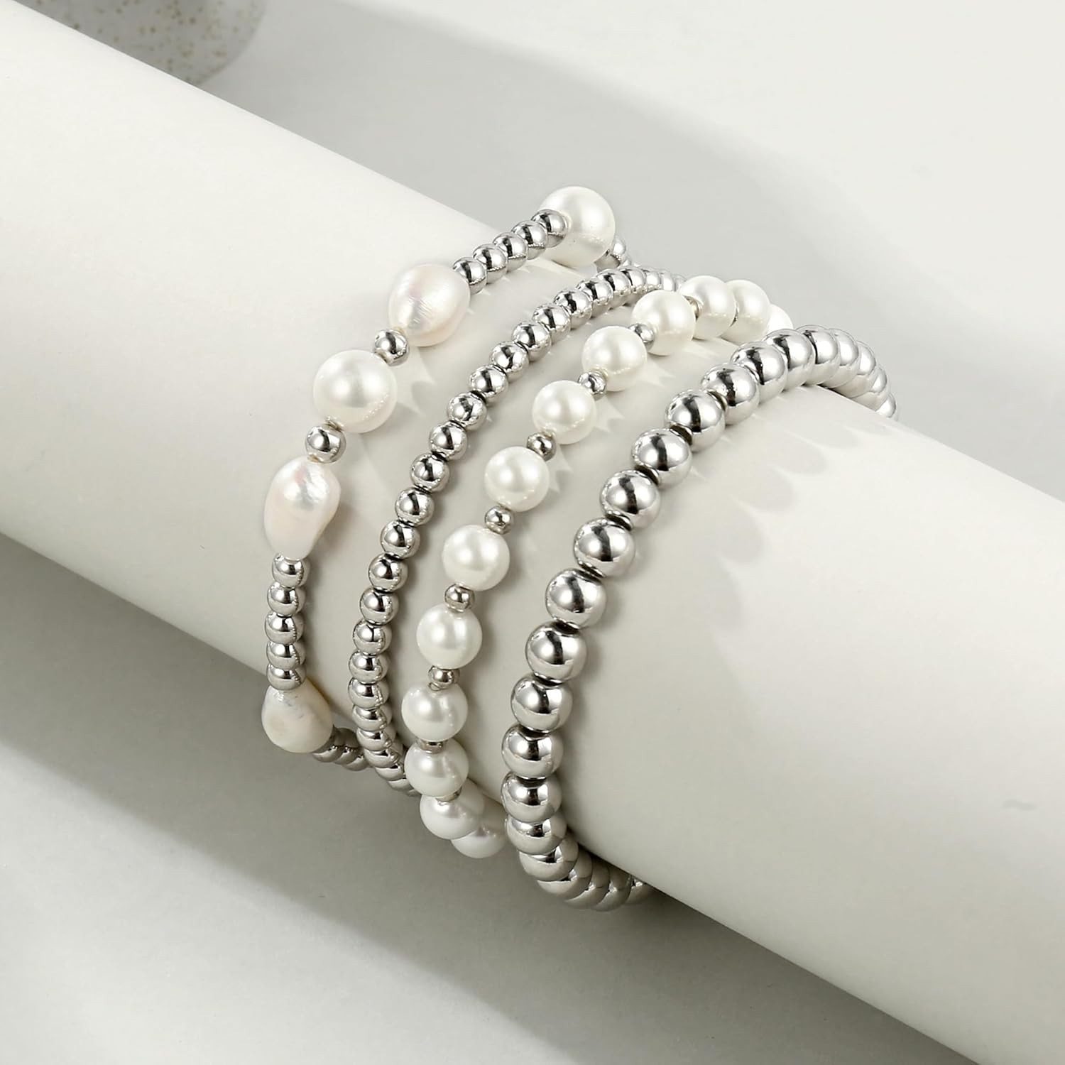 Versatile 14k Gold Beaded Bracelet Set – Elegant 7-Inch Layered Bangle Design