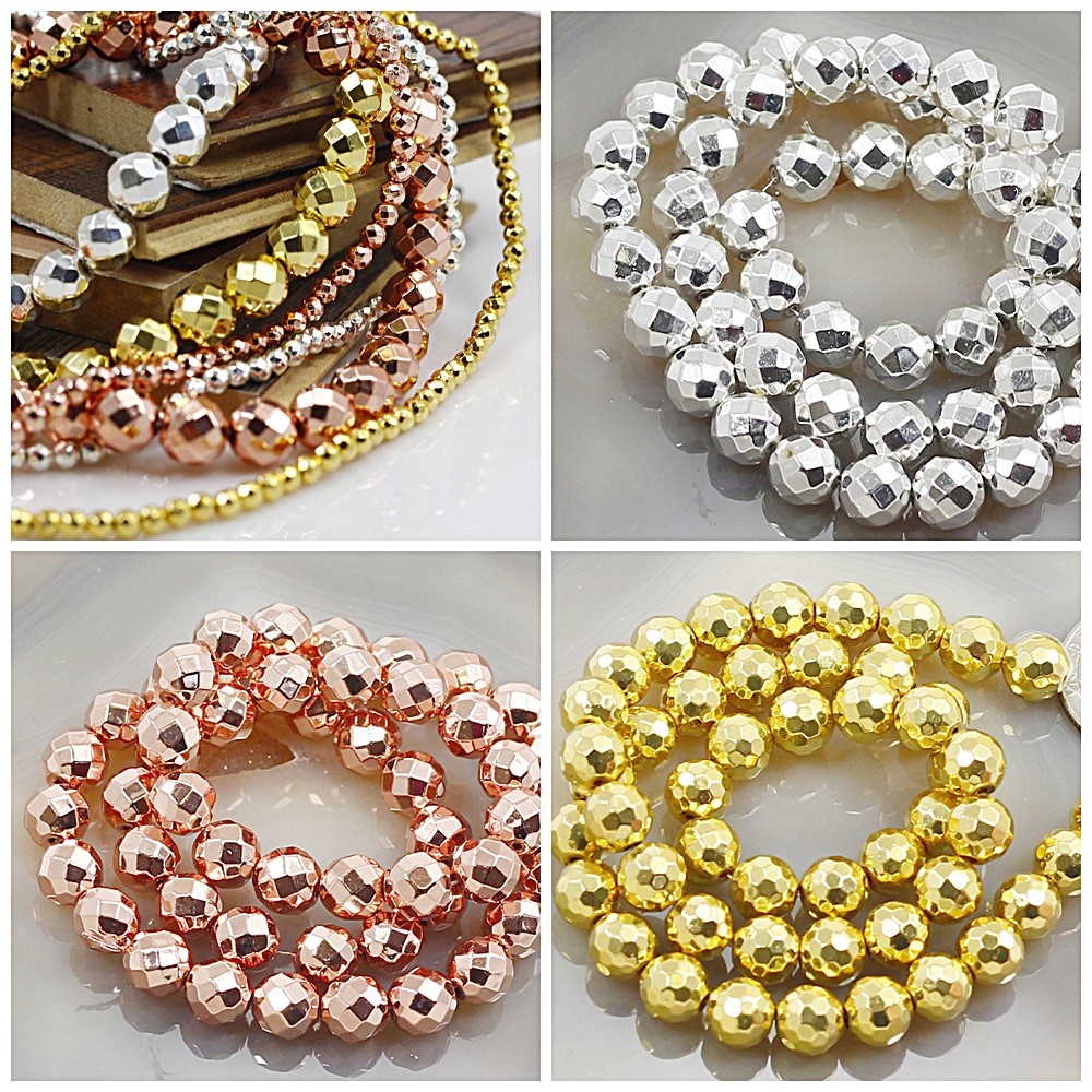 Natural Hematite Faceted Round Bead 15″ Shiny Silver Rose Gold 3mm 4 6 8 10 12mm