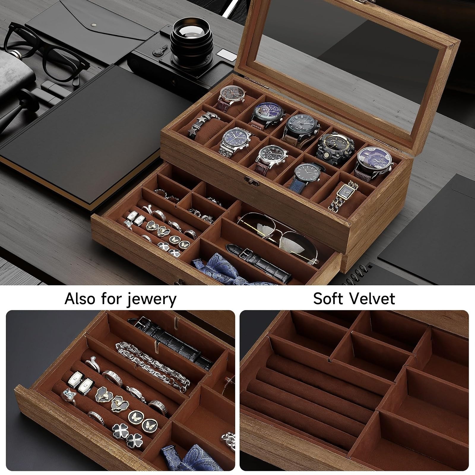 GALHUBIS Watch Box for Large Dial Watches, 10 Slots, Jewelry Organizer