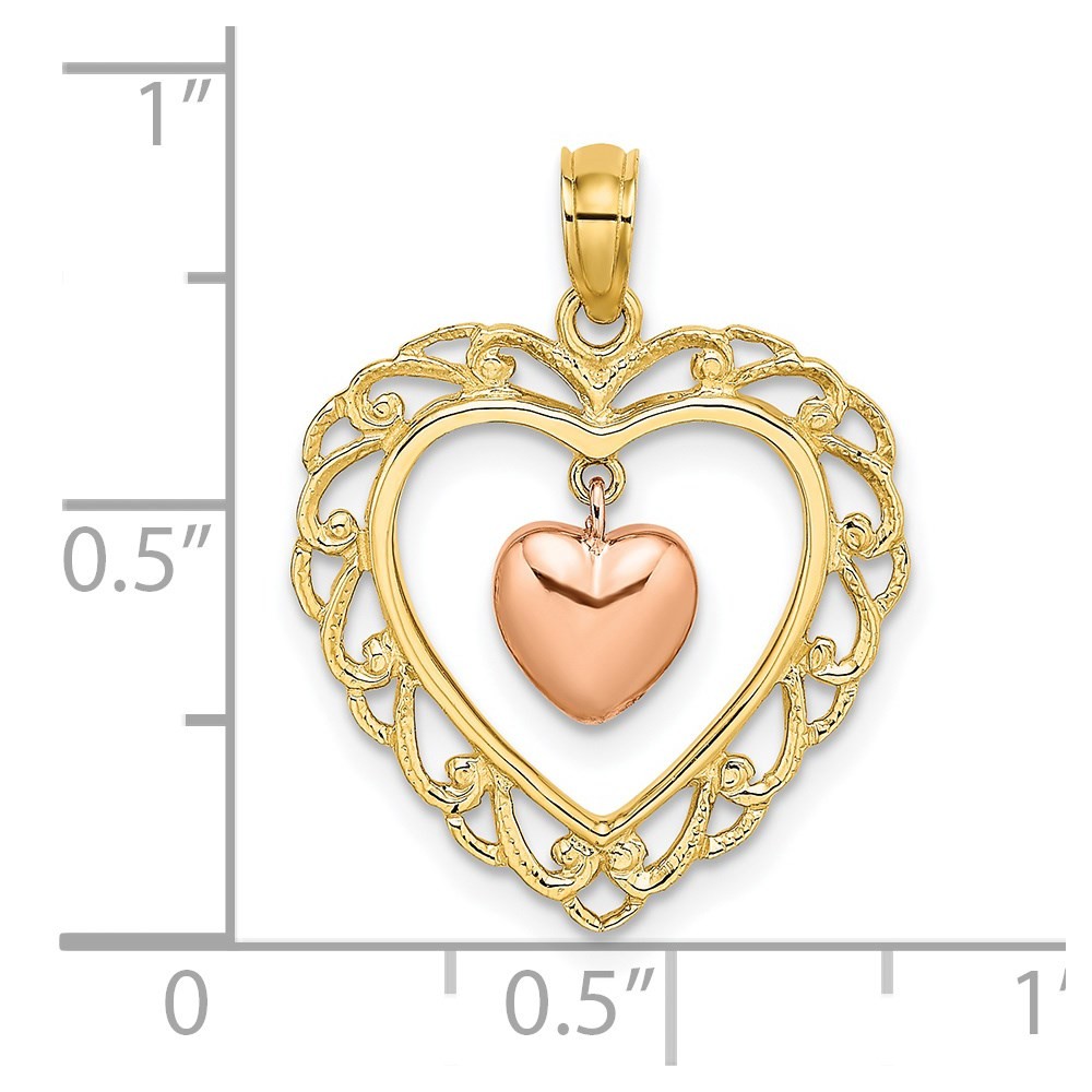 14k Two-tone Gold Polished Dangling Heart In Heart Charm Pendant L-22.5 mm