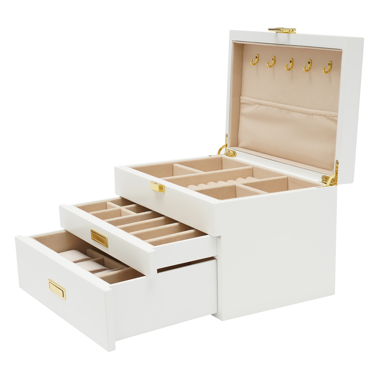 Jewelry Storage Box W/ Safe Lock 3 Layers Large Capacity Organizer with 2 Drawer