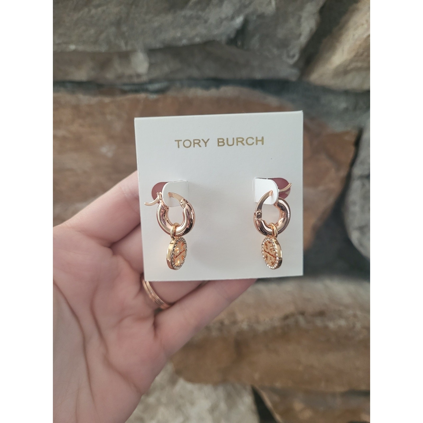 Tory Burch Rose Gold Hoop Drop Earrings with Crystal Emblems