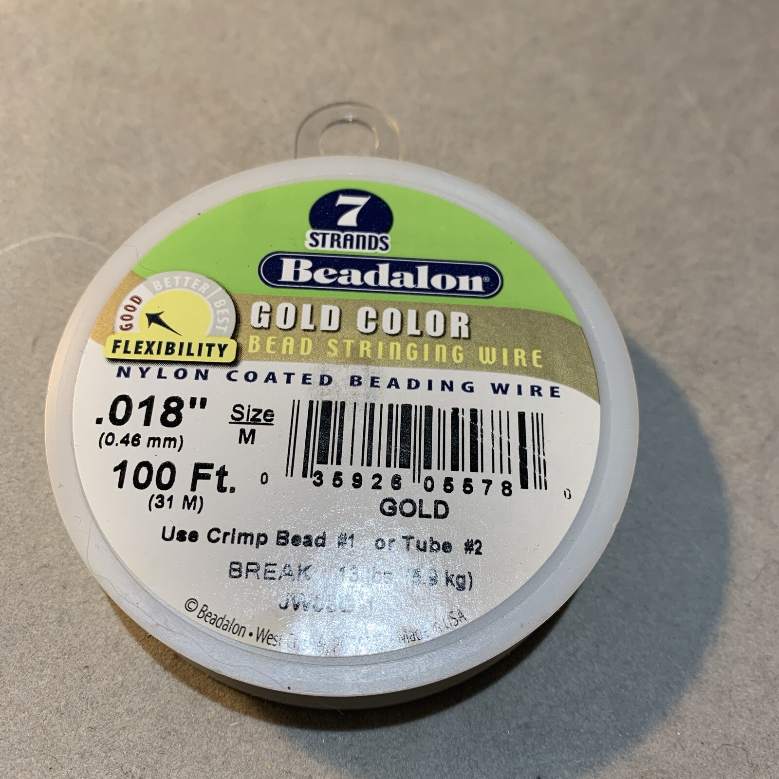 Beadalon Bead Stringing Wire 7 strand 100 foot spool Gold .018 inch average size