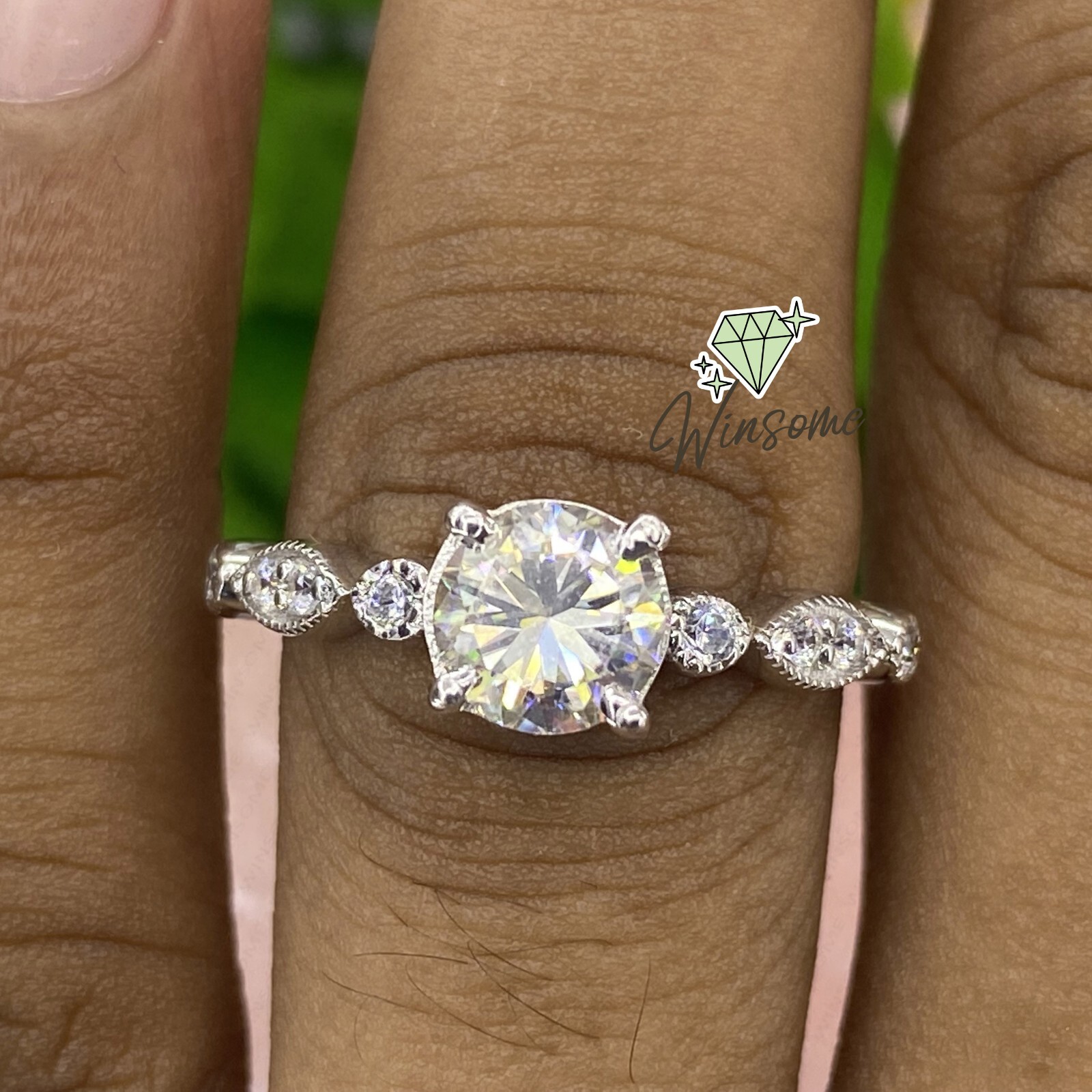 Round Moissanite Solitaire With Accents Anniversary Ring 14k White Gold Plated