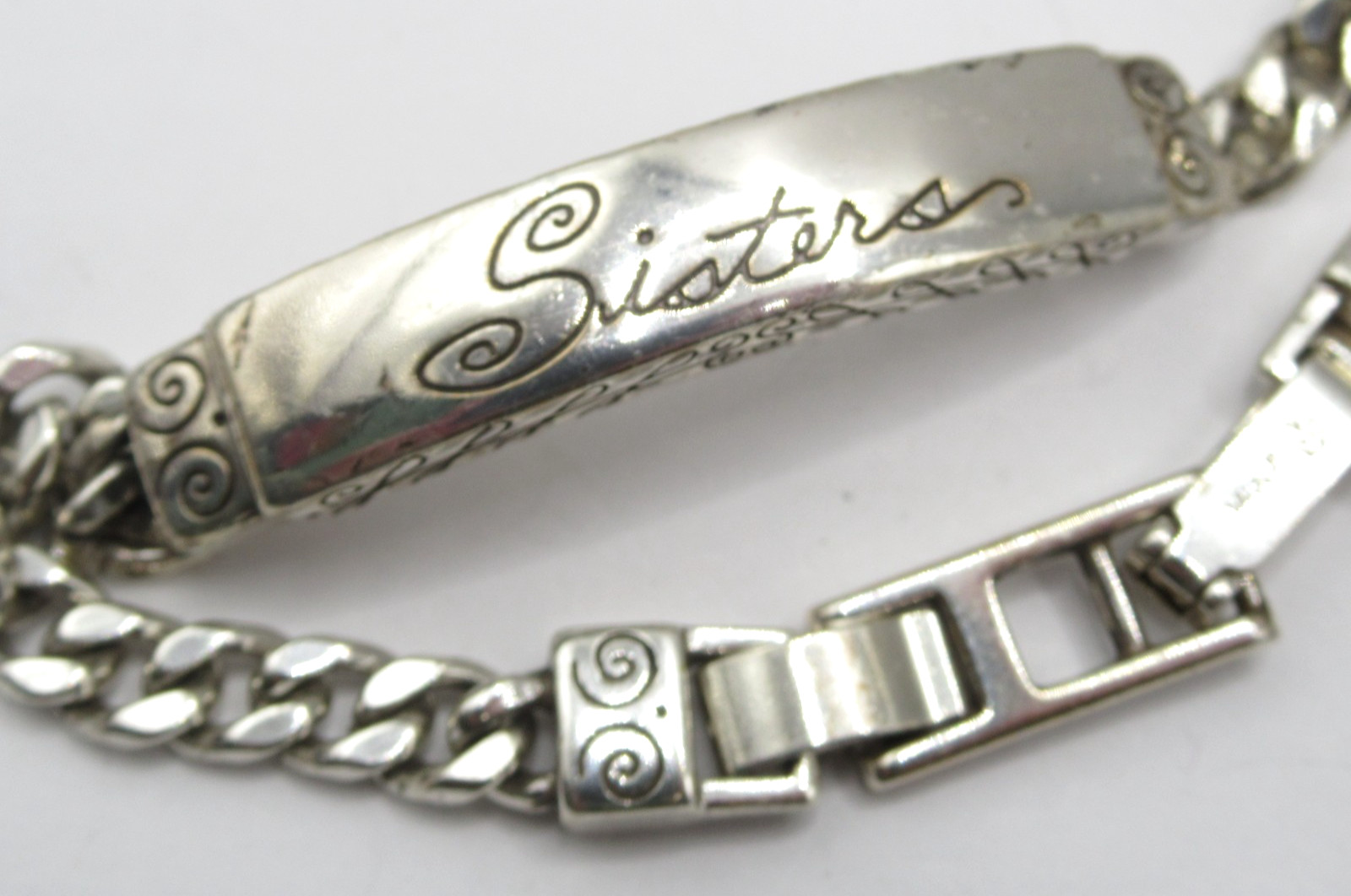 Brighton Chain ID Bracelet says “Sisters” Vintage Signed Etched Scrolled Design