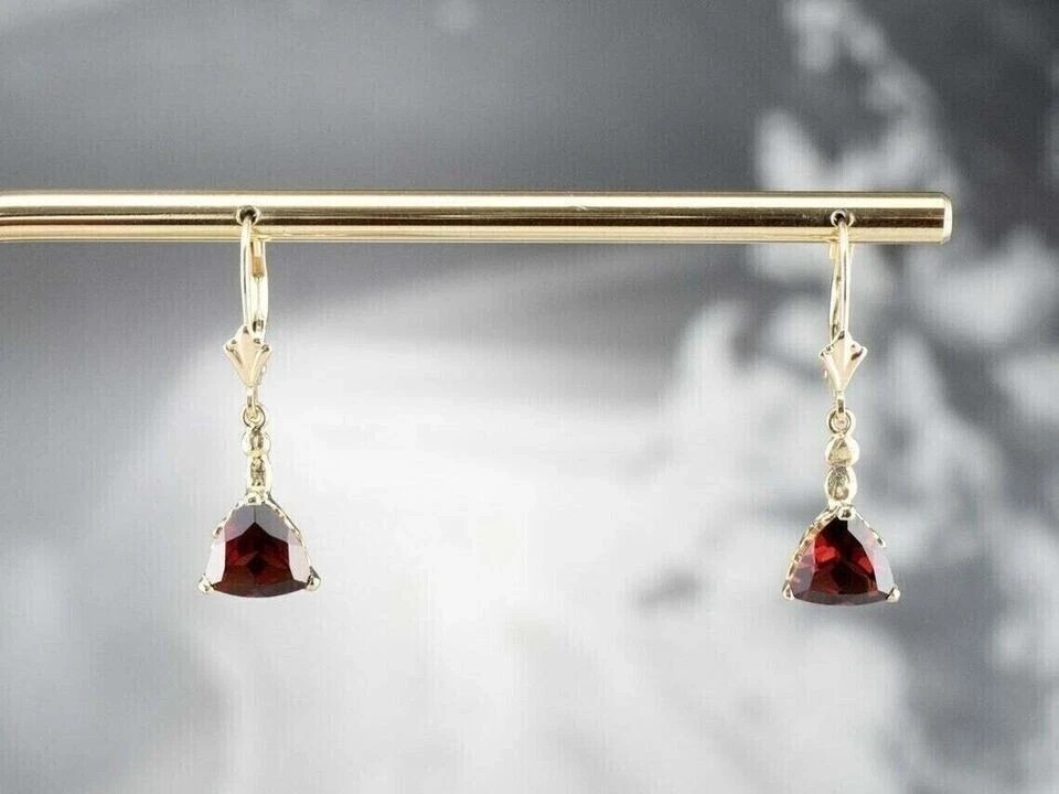 14K Yellow Gold Plated Drop Dangle Earring 2Ct Trillion Cut Simulated Red Garnet