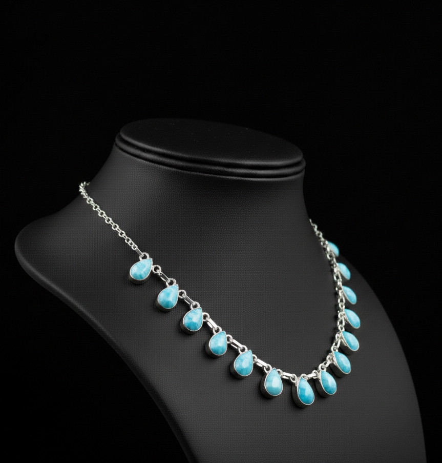 Larimar Gemstone 925 Sterling Silver Handmade Gift Necklace 18″