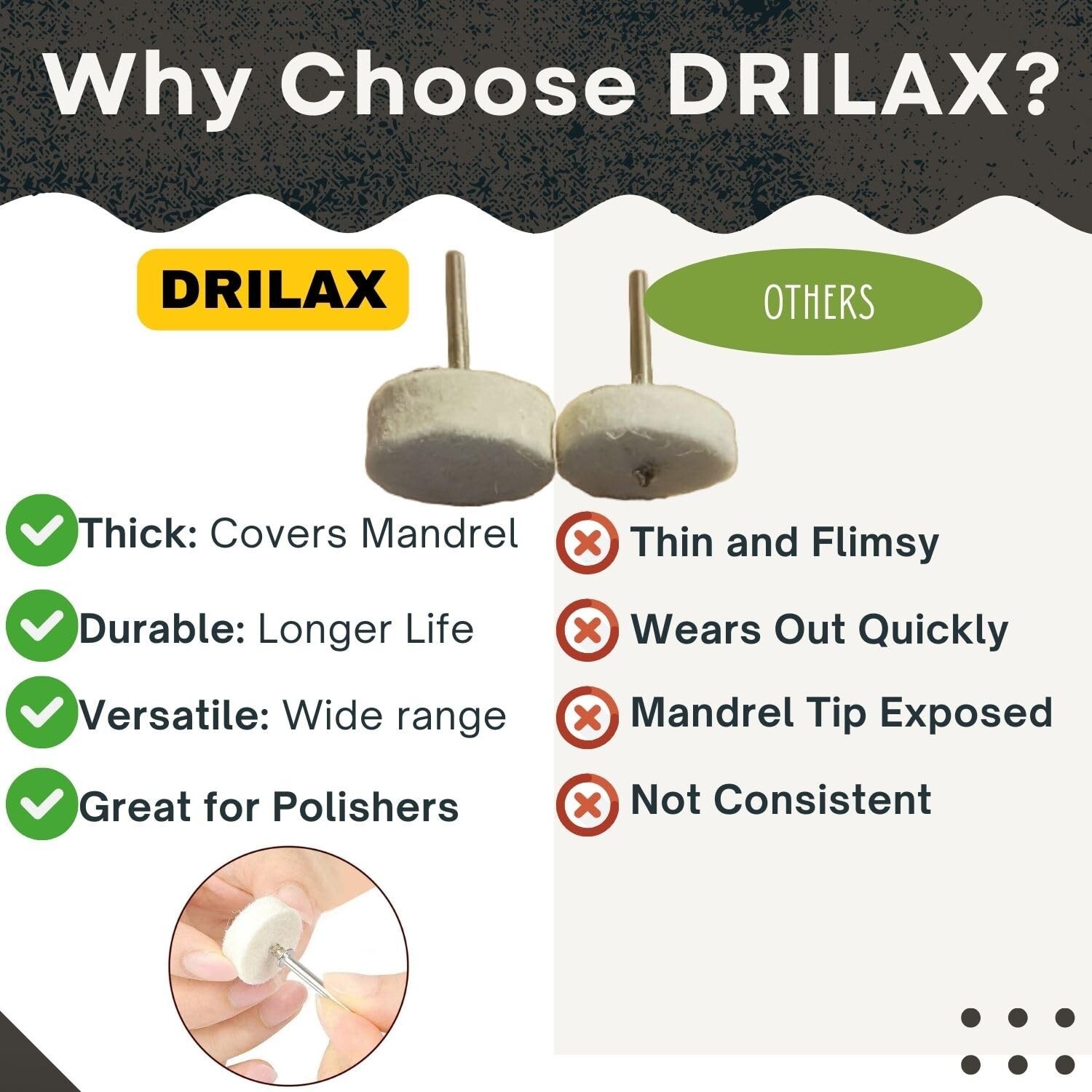 DRILAX 100 Pcs Wool Felt Buffing Polishing Wheels Compatible with Dremel 1 inch