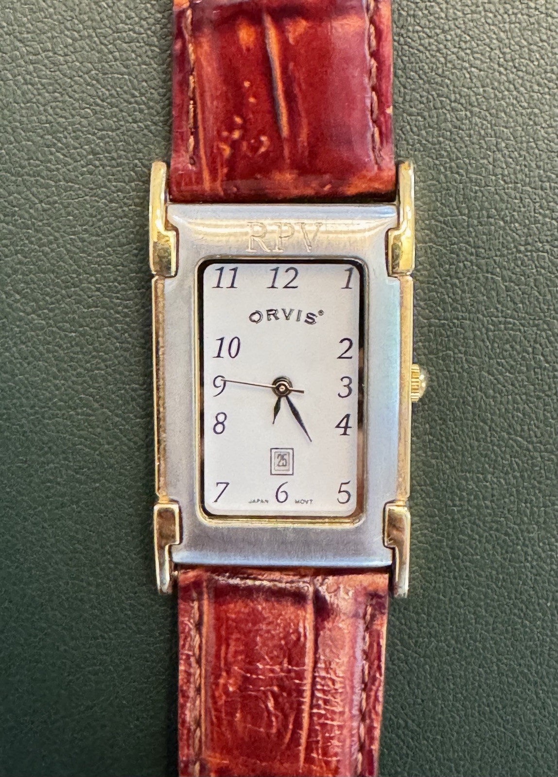 Orvis Quartz Watch Mens Rectangular Tank Leather Box Date VTG – Needs Battery