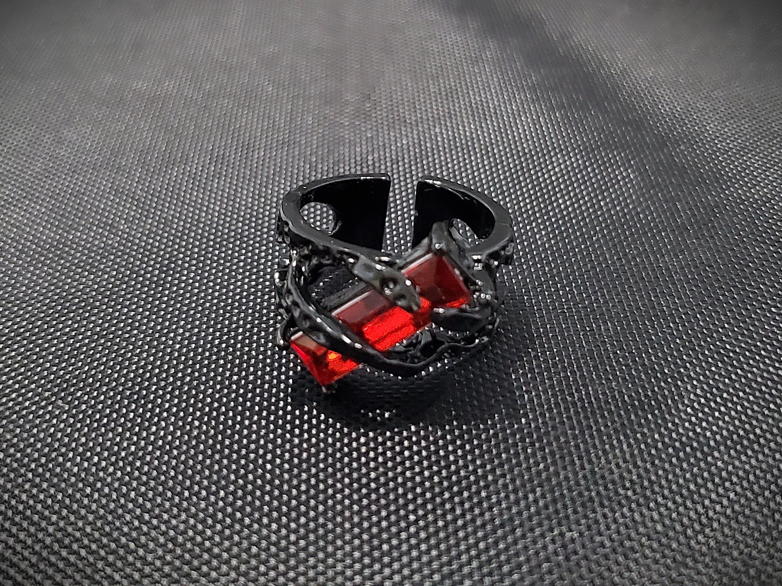 Goth Vampire Sexy style Black Cuff Ring w/ Blood Red Solitaire – Adjustable Sz 7