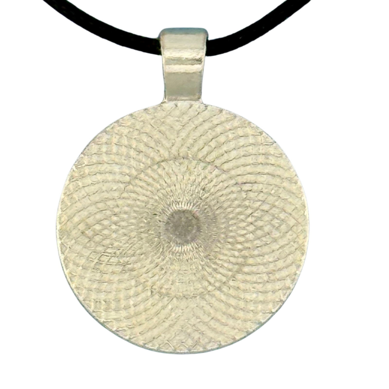 Pendant Necklace Handmade “Burbling Stream” Silver Bezel 25mm Black Cord