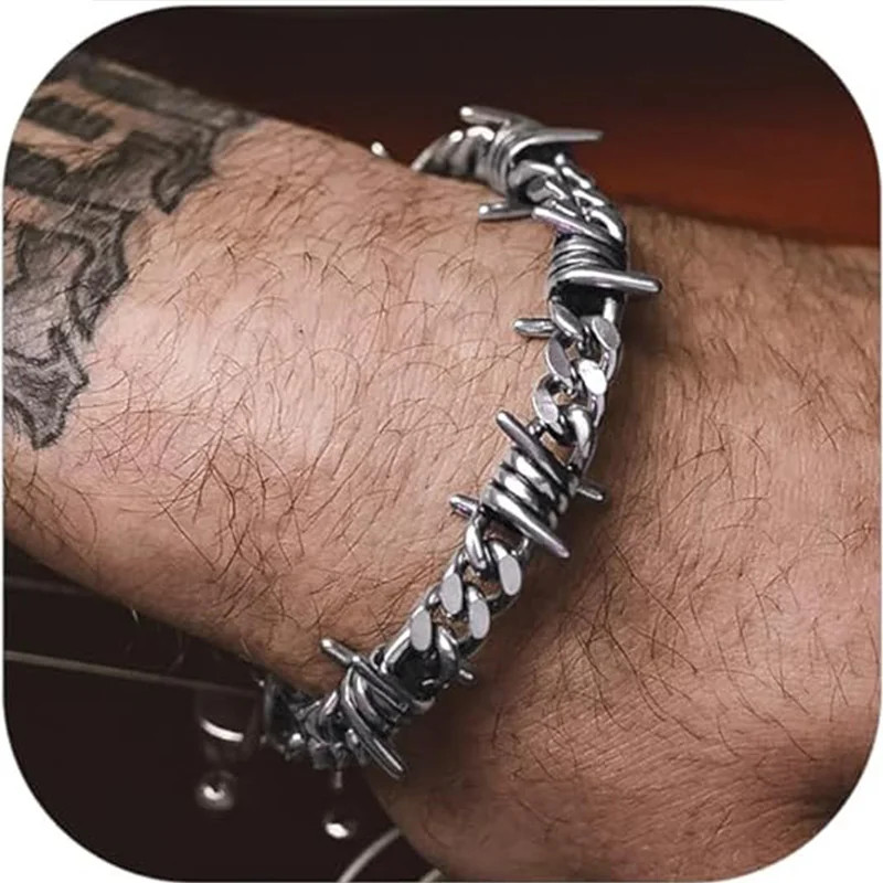 Barbed Wire Cuban Link Chain Bracelet Adjustable Stainless Steel Punk Emo