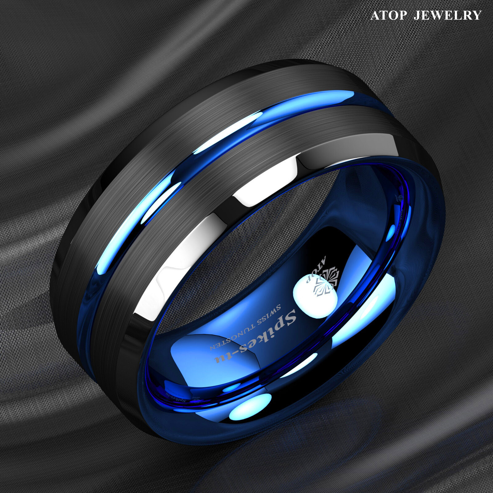 8/6mm Tungsten Men’s Ring Thin Blue Line-Inside Black Brushed Band ATOP Jewelry