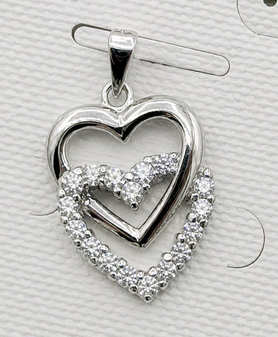 Sterling Silver 925 Double Open Heart CZ Pendant Rhodium Plated NEW