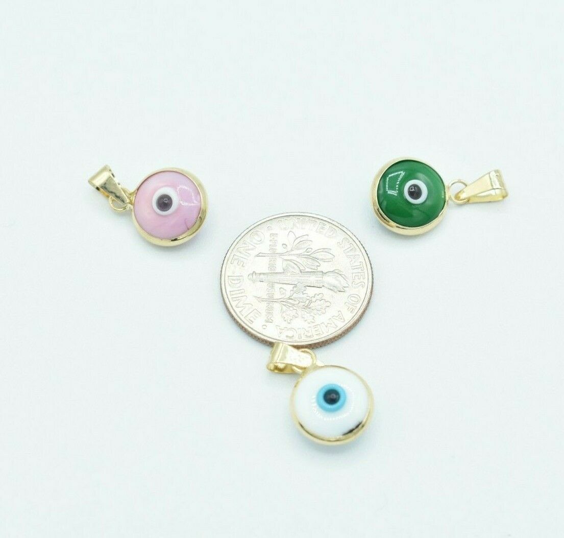 Green, White & Pink Evil Eye Luck Charm Pendant Real 14K Yellow Gold