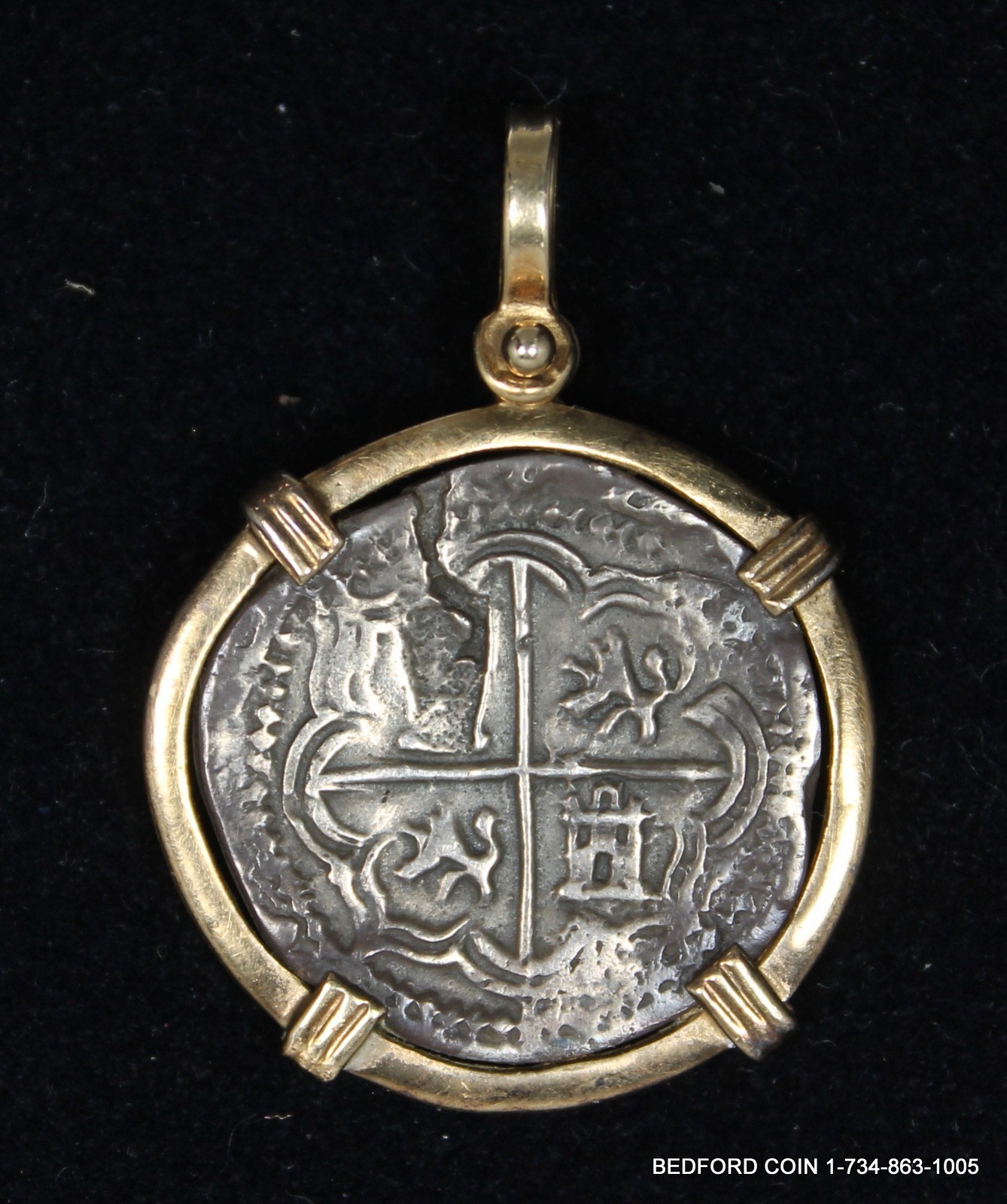 RECREATION ATOCHA SILVER COIN IN 14KT SOLID GOLD BEZEL HANDMADE PENDANT 7.3G COA