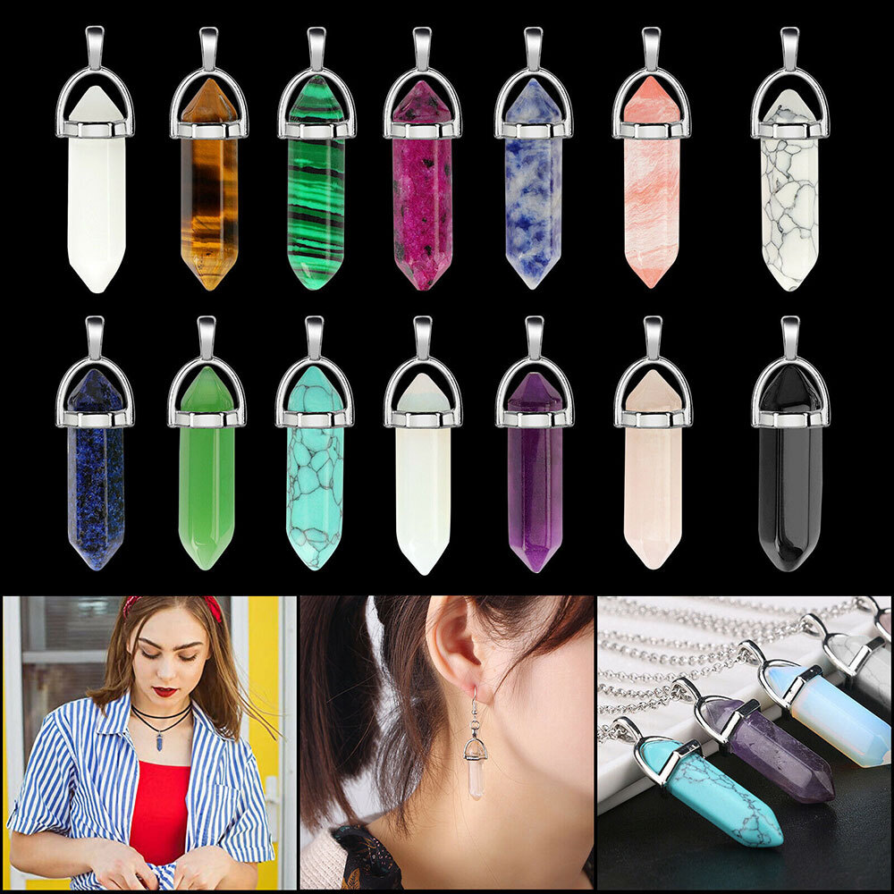 100Pcs Natural Crystal Necklace Pendant Gemstone Chakra Stone Healing Rope Chain
