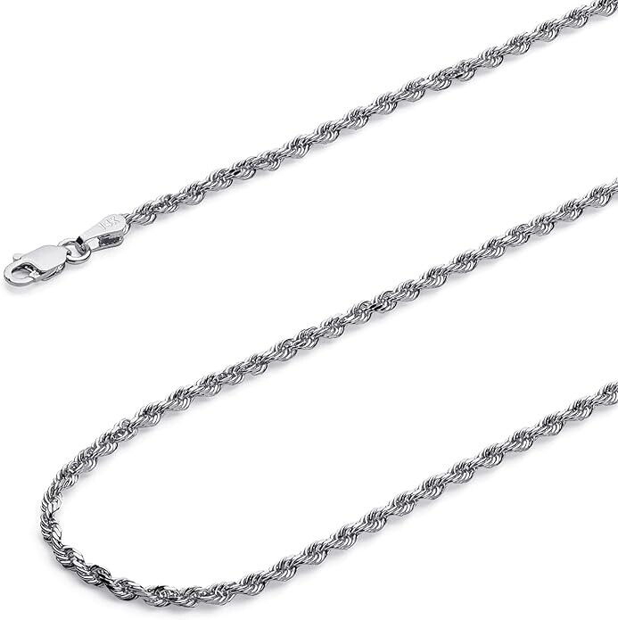 Solid 14k White Gold 1.5mm Thick Diamond Cut Rope Chain 16 18 20 22 24 Inches