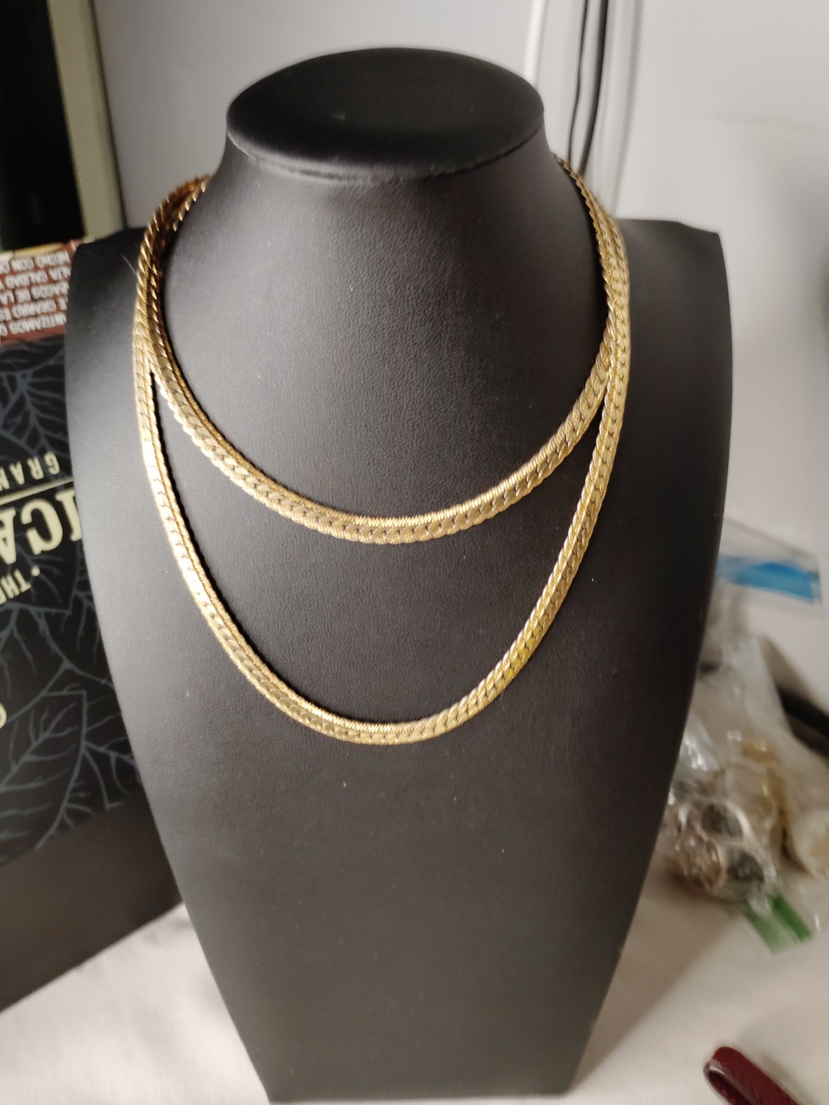 Gold Tone Herringbone Chain Necklace Metal Link Style 25-30″