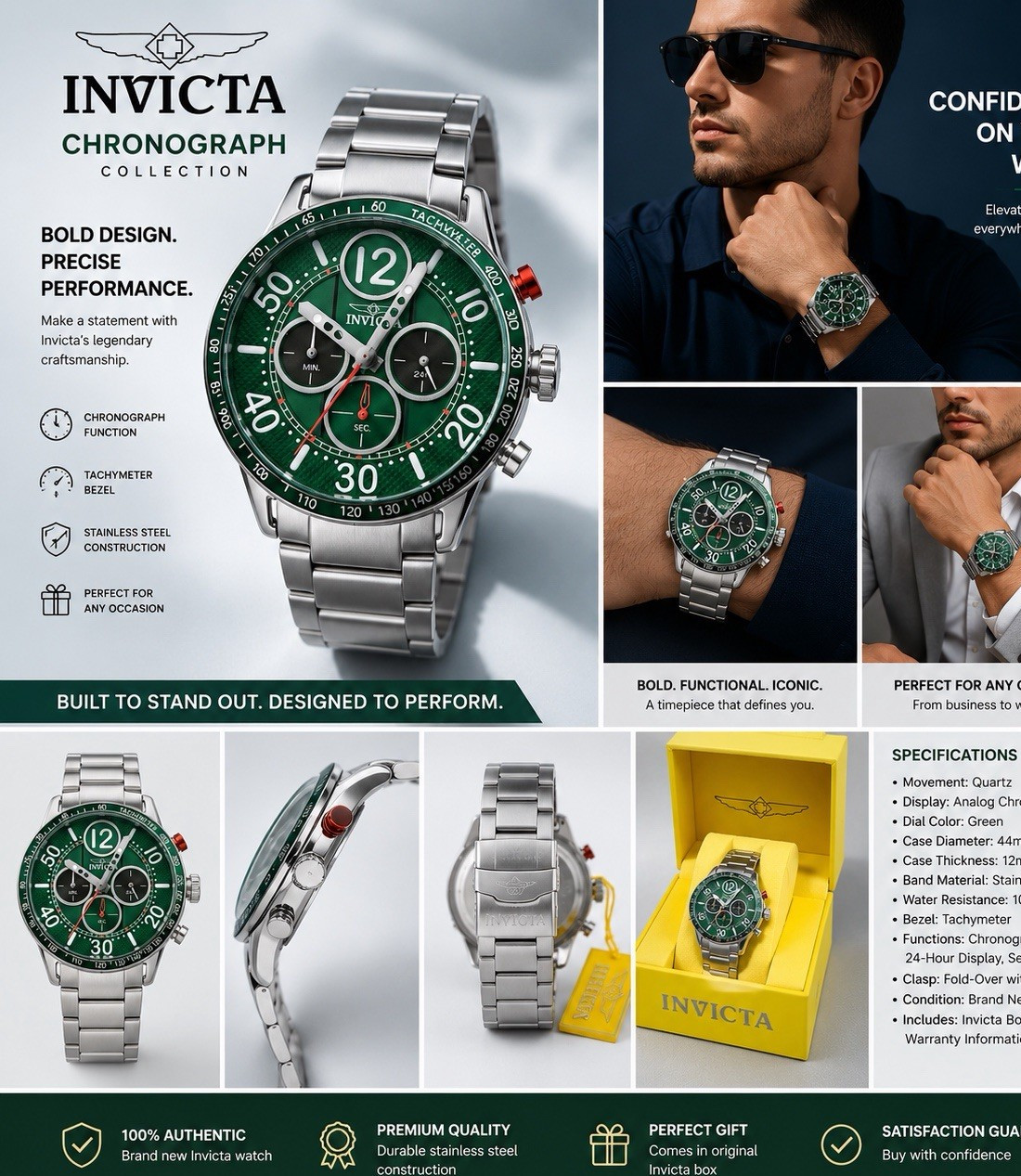 Invicta Men’s Quartz Chronograph Green Dial Stainless Steel Bracelet 44mm 100m