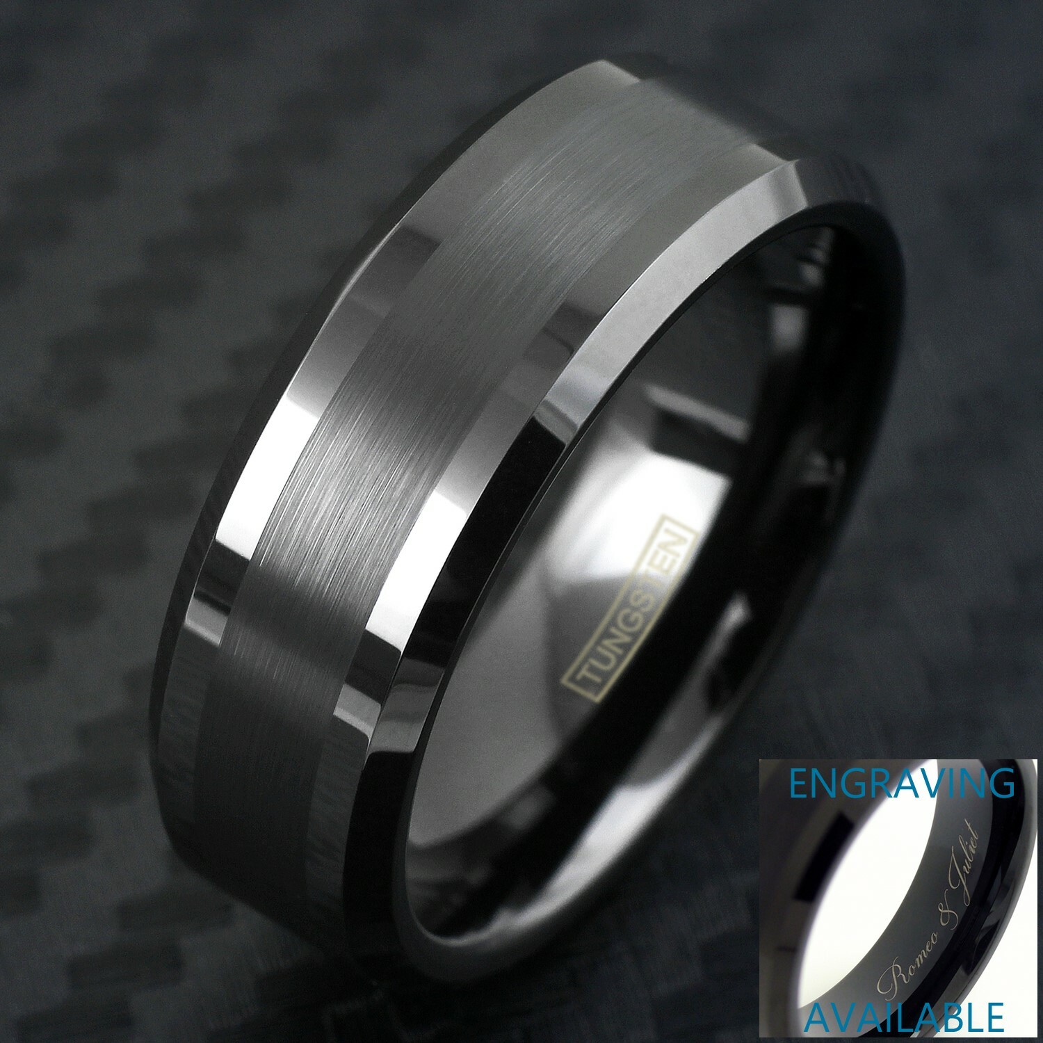 Black Tungsten Carbide Thin Brushed Wedding Band Ring – Engraving Avail.