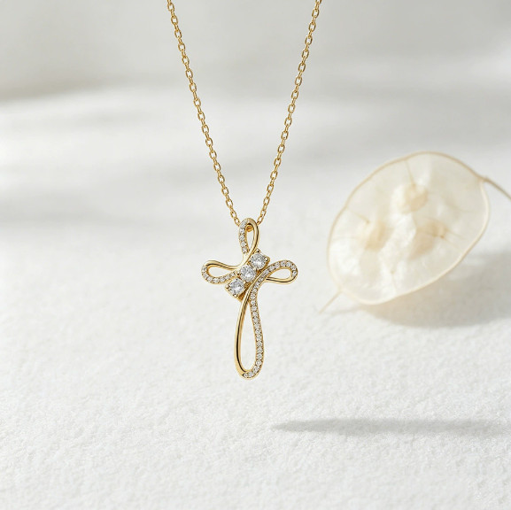 Gold Twisted Ribbon Cross Pendant Necklace with Sparkling Zircon for Women Gift