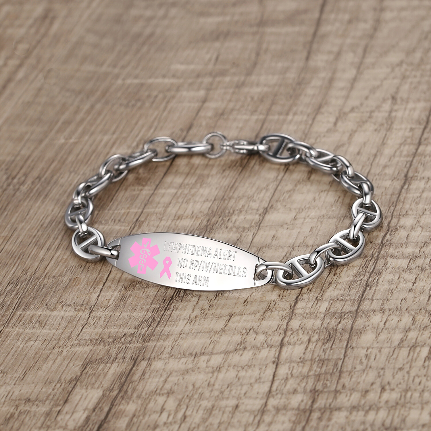 CUSTOM ENGRAVE Lymphedema Pink Ribbon Alert No BP/IV Needles Oval Link Bracelet