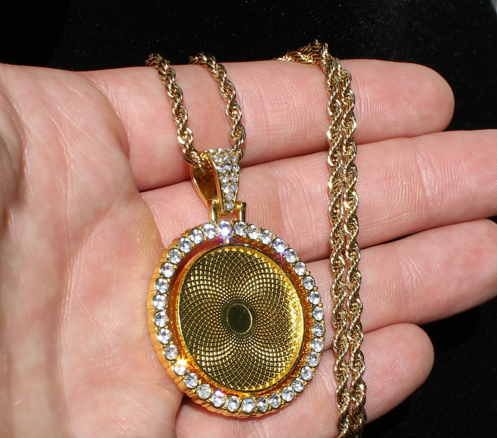 Picture Spinner Photo CZ 2 Sided Pendant Gold Plated Stainless Steel Necklace