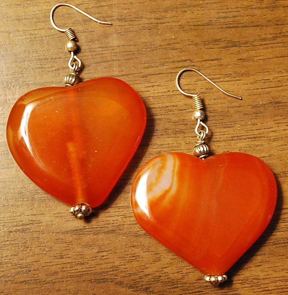 LARGE 2.25″ Hand Carved POLISHED HEARTS Drop Dangle Earrings CARNELIAN GEMSTONE
