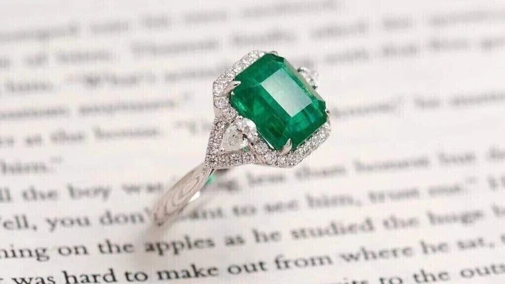6.80Ct Emerald Cut Natural Emerald & Diamond Wedding Ring 14K Solid White Gold