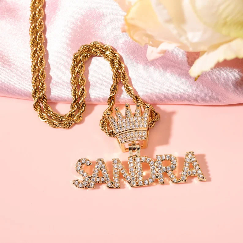 14K Yellow Gold Plated Personalized Letter King Pendant 3 Ct Simulated Diamond