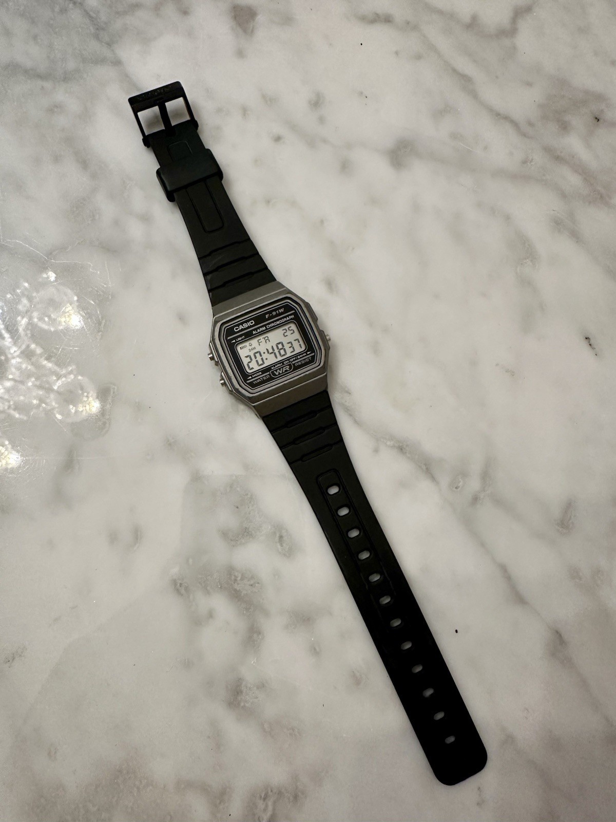 Casio F-91W Digital Wristwatch Black Resin Band Silver Case Alarm Chronograph