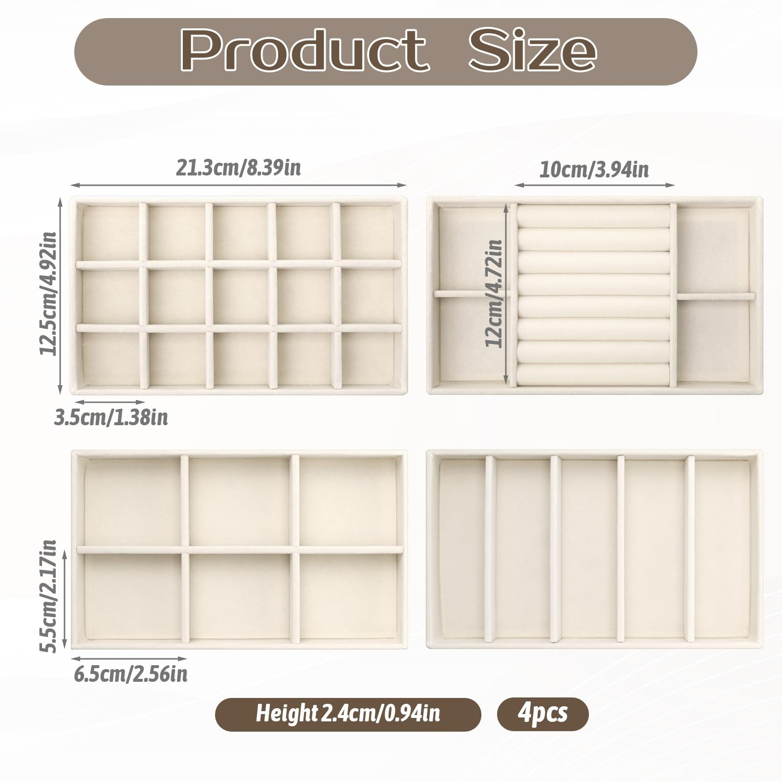 Oqqlin 4 Pcs Stackable Jewelry Organizer Trays, 8 x 5 x 1 Inch Velvet Beige