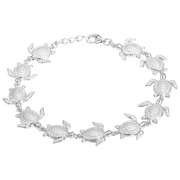 SOLID 925 STERLING SILVER HAWAIIAN SEA TURTLE LINK BRACELET CZ RHODIUM 7.5 INCH