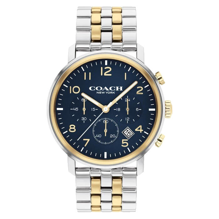 COACH HARRISON CHRONOGRAPH 14602536 BLUE DIAL TWO TONE BRACELET 42MM MENS WATCH