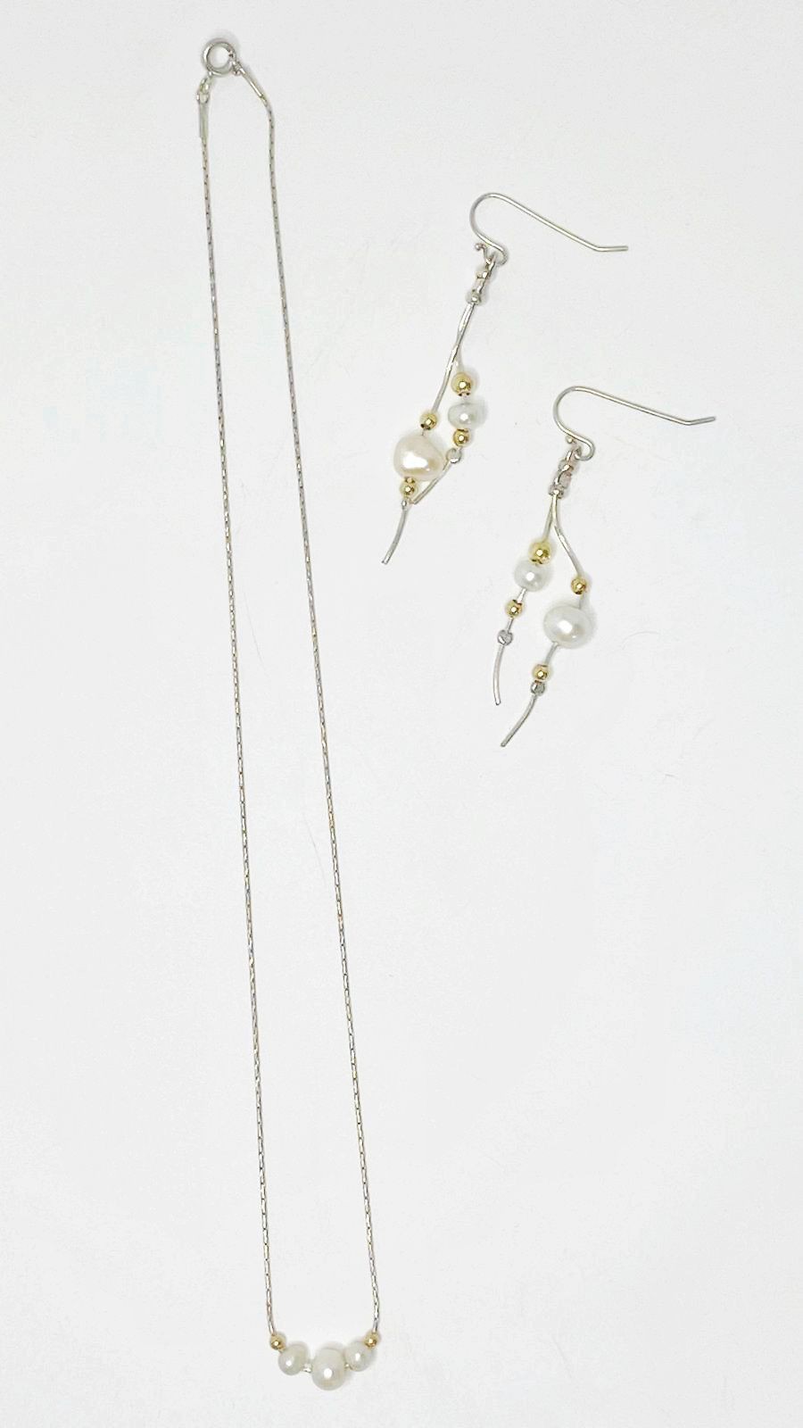 925 Silver Pearl Necklace & Dangle Earrings Set Gold Beads Elegant
