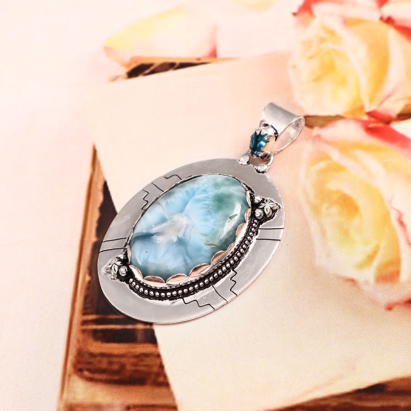 Larimar & Blue Topaz Pendant 925 Sterling Silver Handmade Necklace