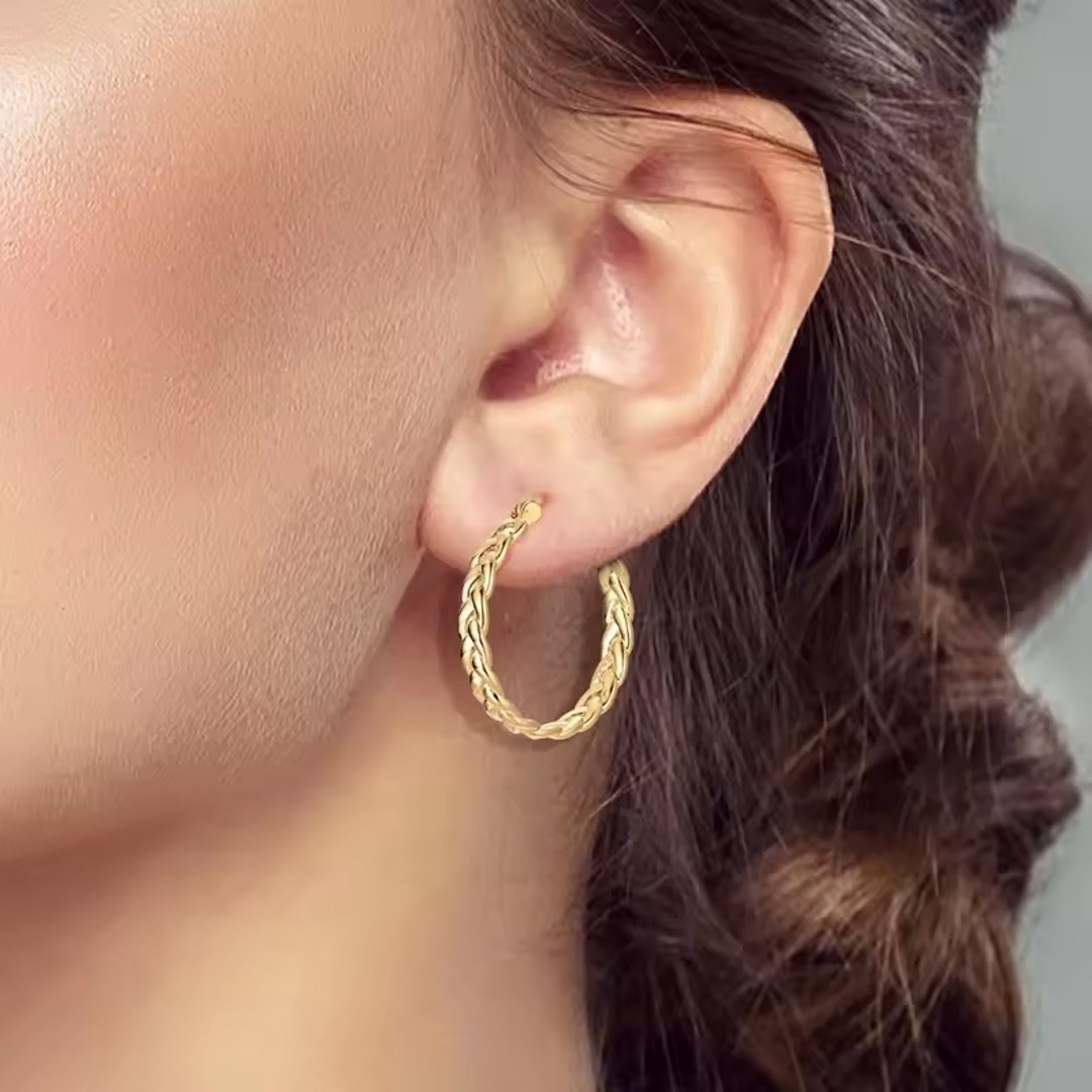 14K Gold Earrings for Women Weave Design Hoop Earrings Classic Earring 30MM