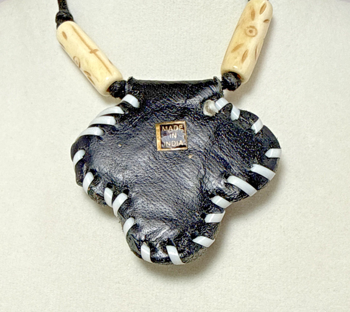 Vintage Cowrie Shell Pendant Necklace Cord Black White Braid Carved Bone India